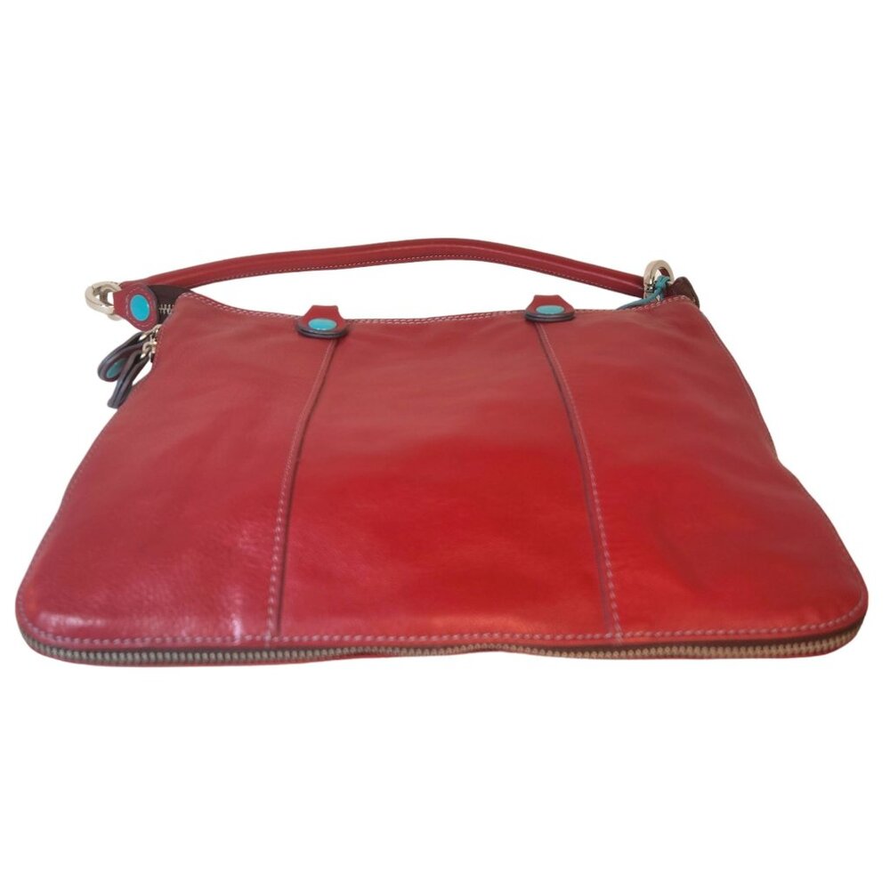 GABS Italian Red Leather Expandable Flat Shoulder Bag Turquoise Buttons - Picture 8 of 14